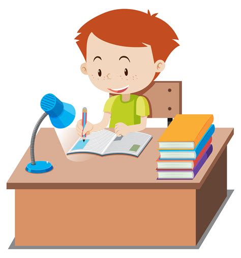 Vector illustration of a cute little girl, sitting at a desk learning and doing her homework. . Doing homework clipart